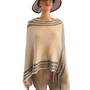 Gray & White Fringed Knit Boho Sweater Poncho, One Size, by Karma